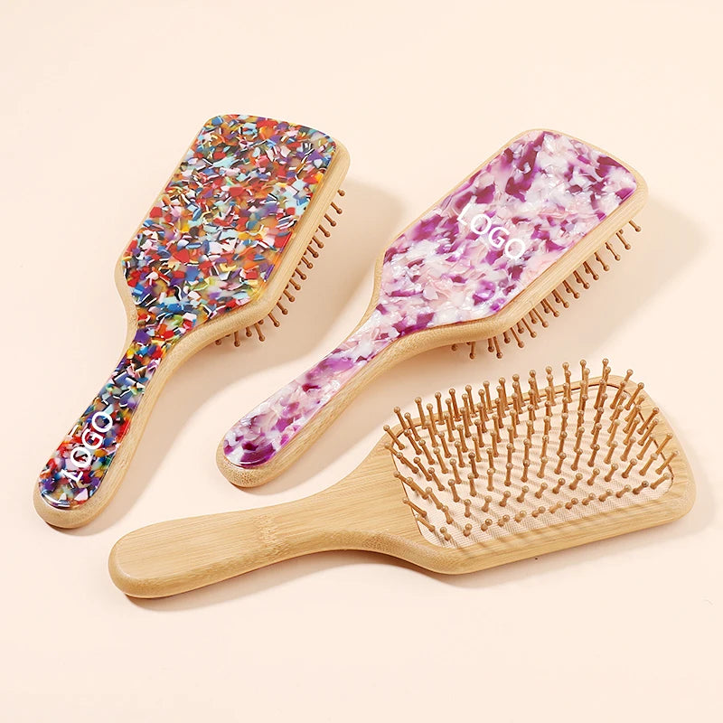 Custom Logo Natural Bamboo Bristle Scalp Massage Hairbrush Detangling  Acetate Air Bag Bamboo Hair Brush