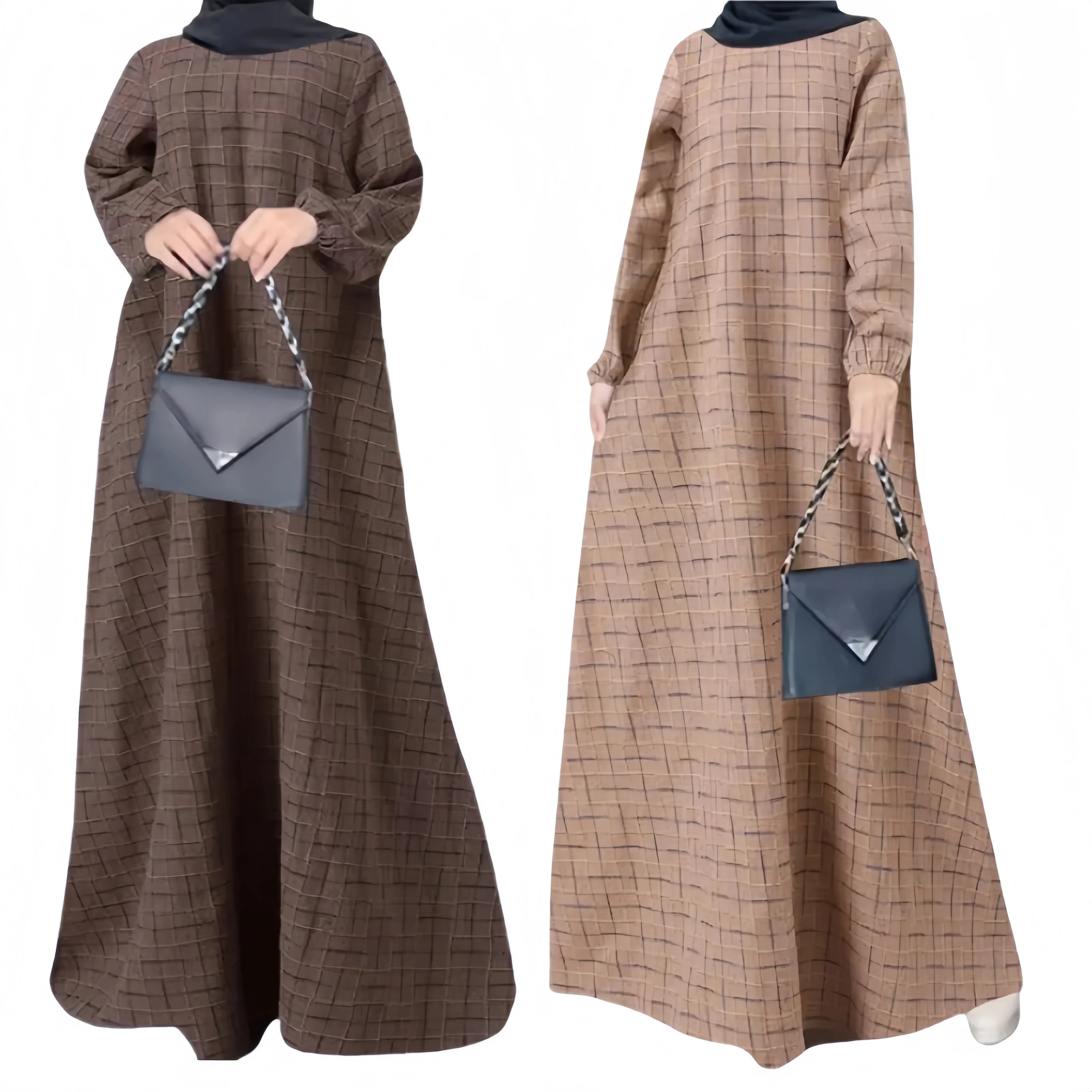 New Plaid Print Muslim Dress Long Sleeve O-neck Cotton Linen Robe Lady Vintage Maxi A-line Dress
