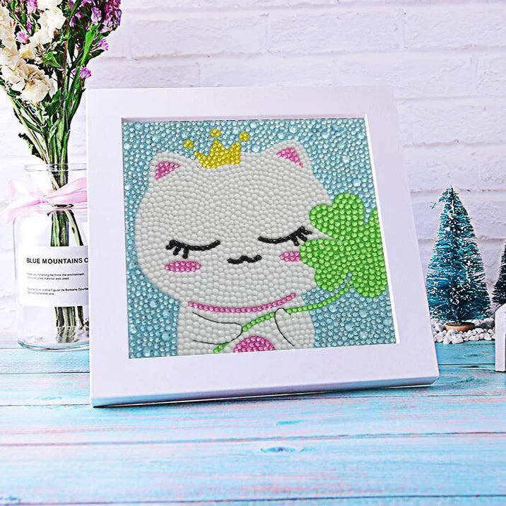 Lucky Clover Diamond Painting Kits for Kids Cat Crystal Diamond Painting Children Animal Painting Frame Home Decor