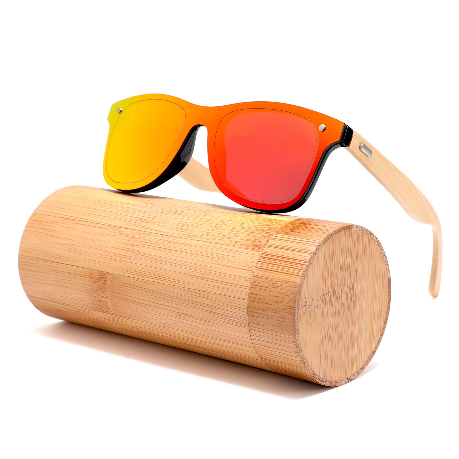 Women Vintage Uv400 Custom Mirror Frameless Red Fashion One Piece Bamboo Sunglasses with case