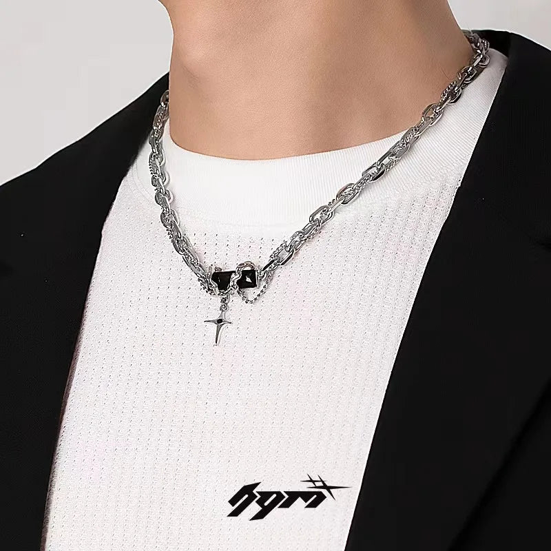 Men's Niche Wrapped Black Gem Stainless Steel Collarbone Sweater Chain Necklace Hiphop Anniversary Personality Gift