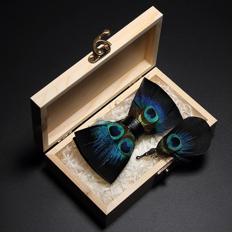 Original Design Bow Tie Peacock Feather Bow Tie Handmade Leather Bow Tie Brooch Wooden Box Wedding Party Gift