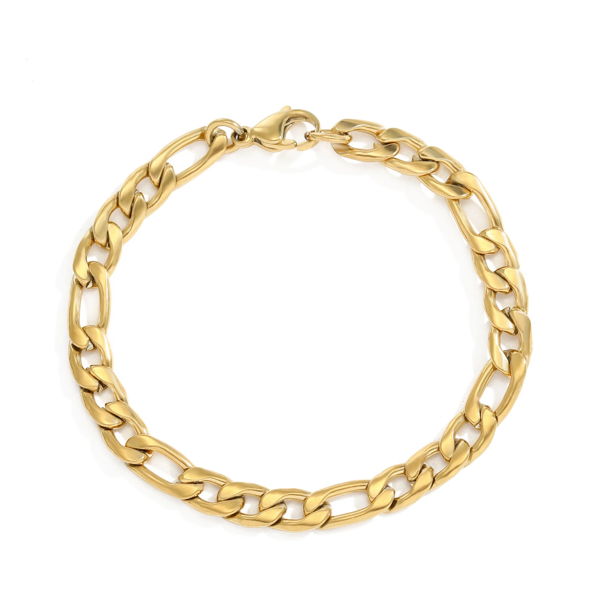 Simple 316L Stainless Steel 14K Gold Plated 6MM Wide 19cm Length Figaro Chain Link Chain Bracelet Jewelry