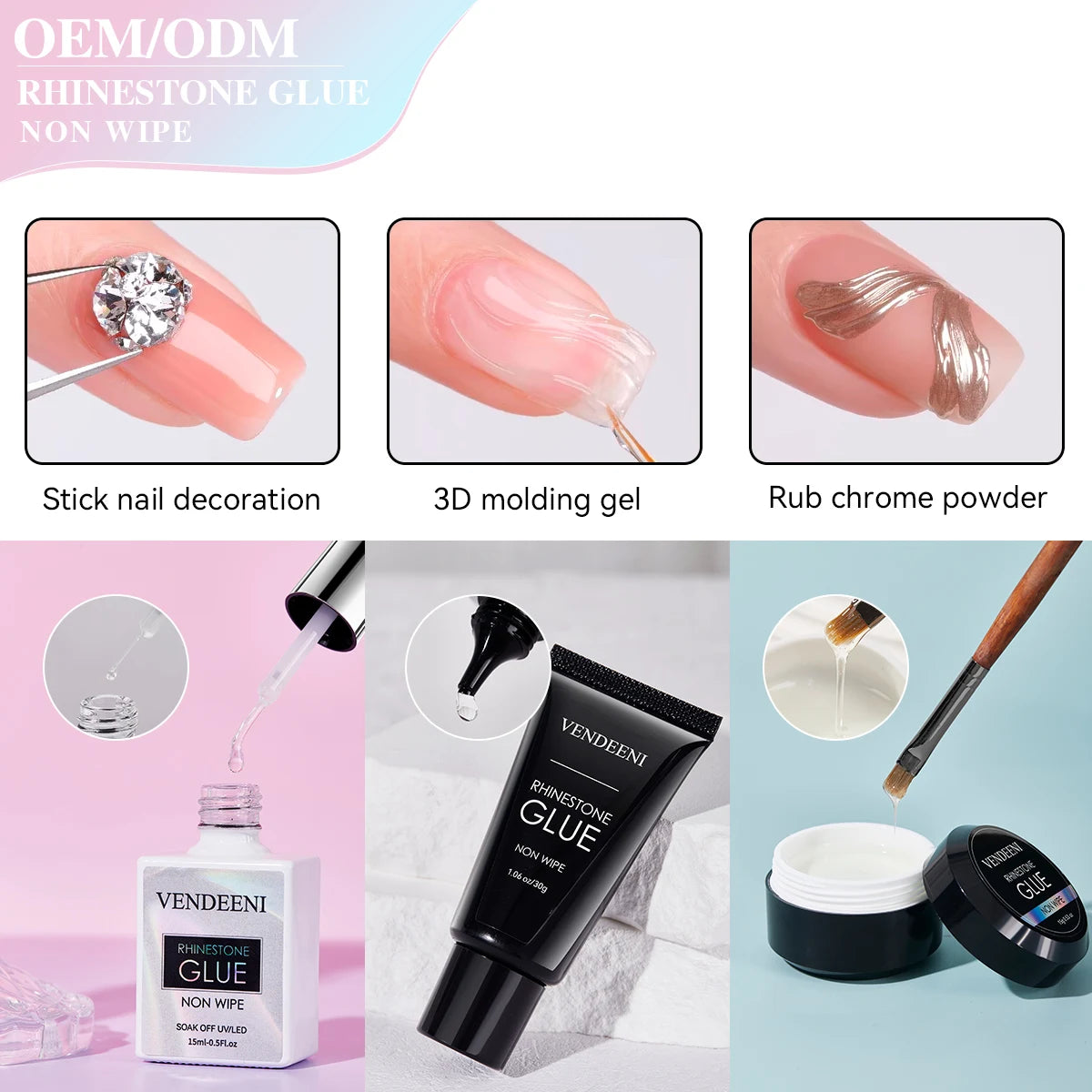 Vendeeni Private Label OEM Nail Rhinestone Glue Super Strong Gel Glue for Manicure Transparent Nail Art 3D Sticky Carving Glue