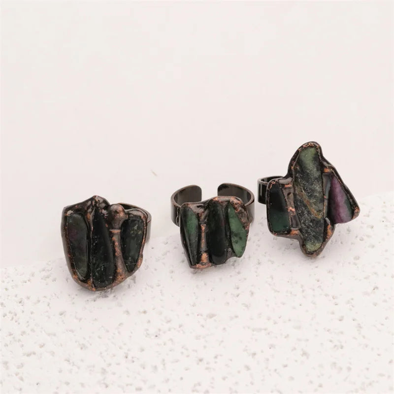 Raw Natural Gemstone Bohemia Style Brass Handmade Soldered Antique Bronze Plated Adjustable Ring