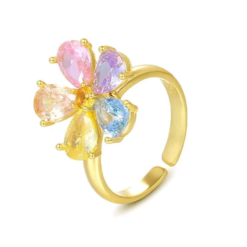Wholesale Jewelry 925 Sterling Silver Colorful Rings 18k Gold Multiple Color Zircon Rainbow Flower Rings for Women