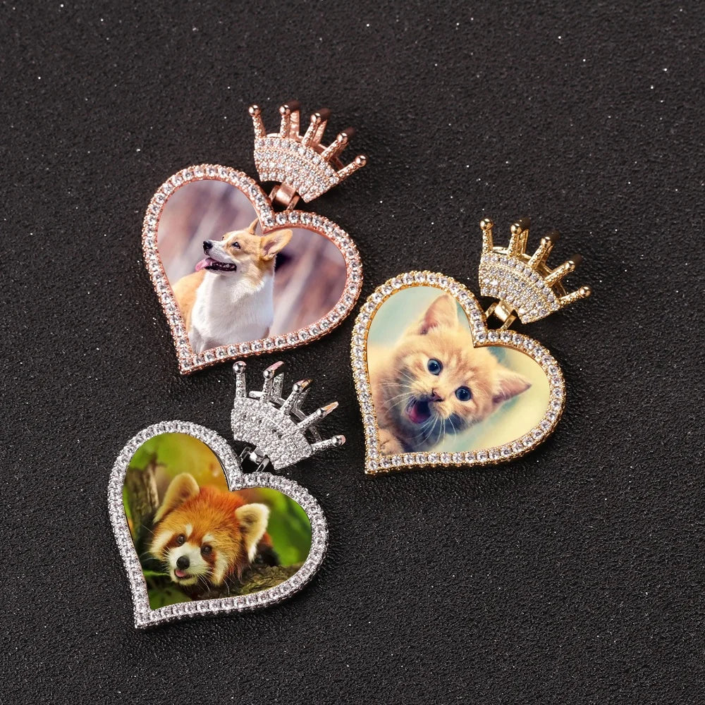 New Iced Out Creative Crown Hook Love Heart Photo Pendant Shiny CZ Frame Picture Necklaces Sublimation Memory Medallions Jewelry