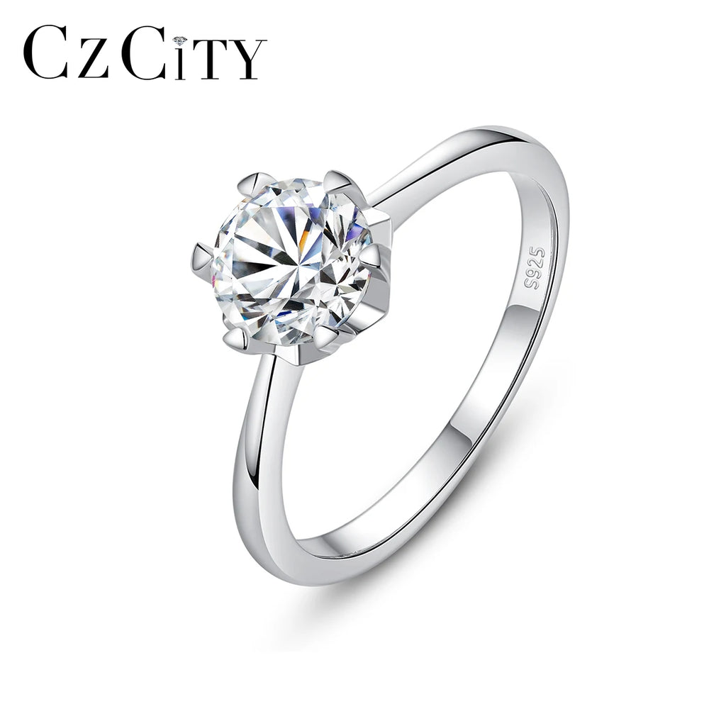 CZCITY One Carat 925 Sterling Silver Engagement Ring Bridal Diamond Moissanite Wedding Rings