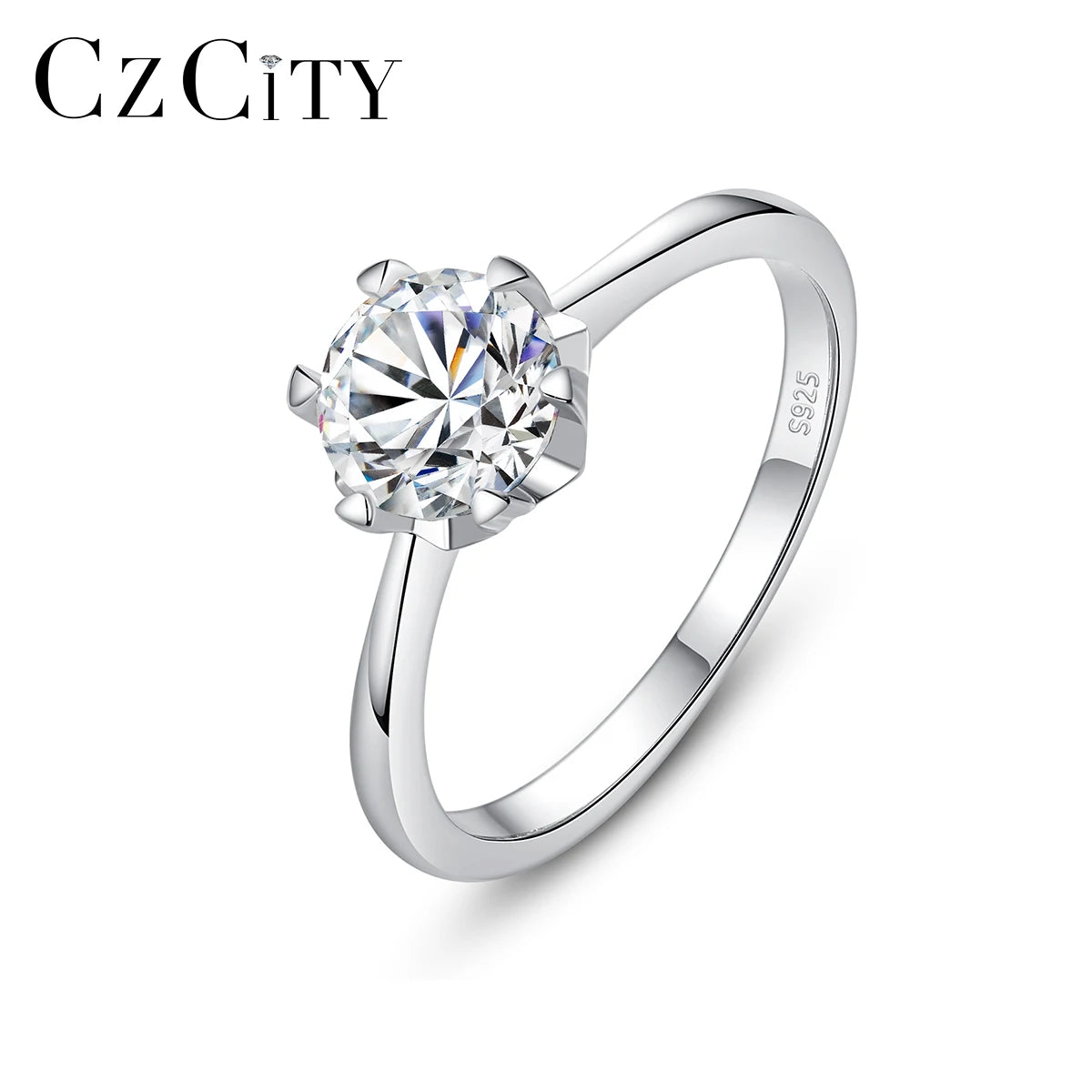 CZCITY  One Carat 925 Sterling Silver Engagement Ring Bridal Diamond Moissanite Wedding Rings