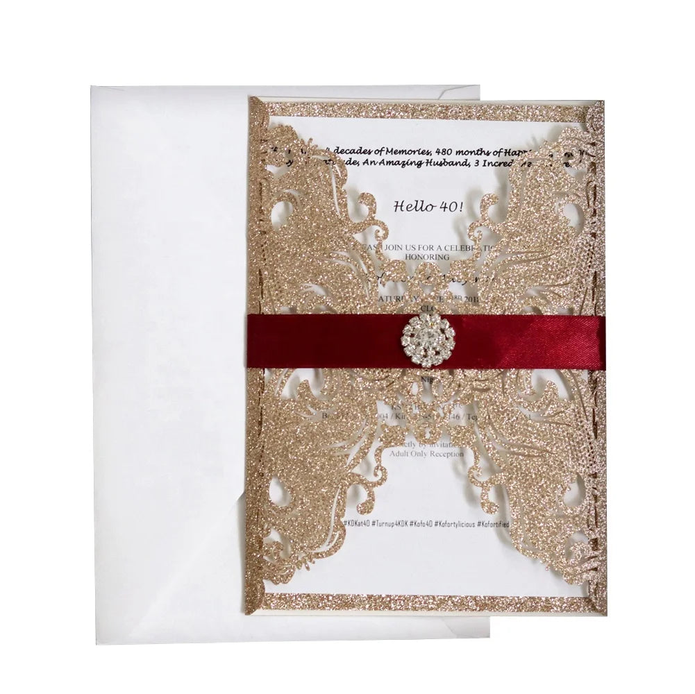 Personalized Wedding Invitation Card Customized Glitter Laser Cut Wedding Invitations with Ribbon and Envelopes
