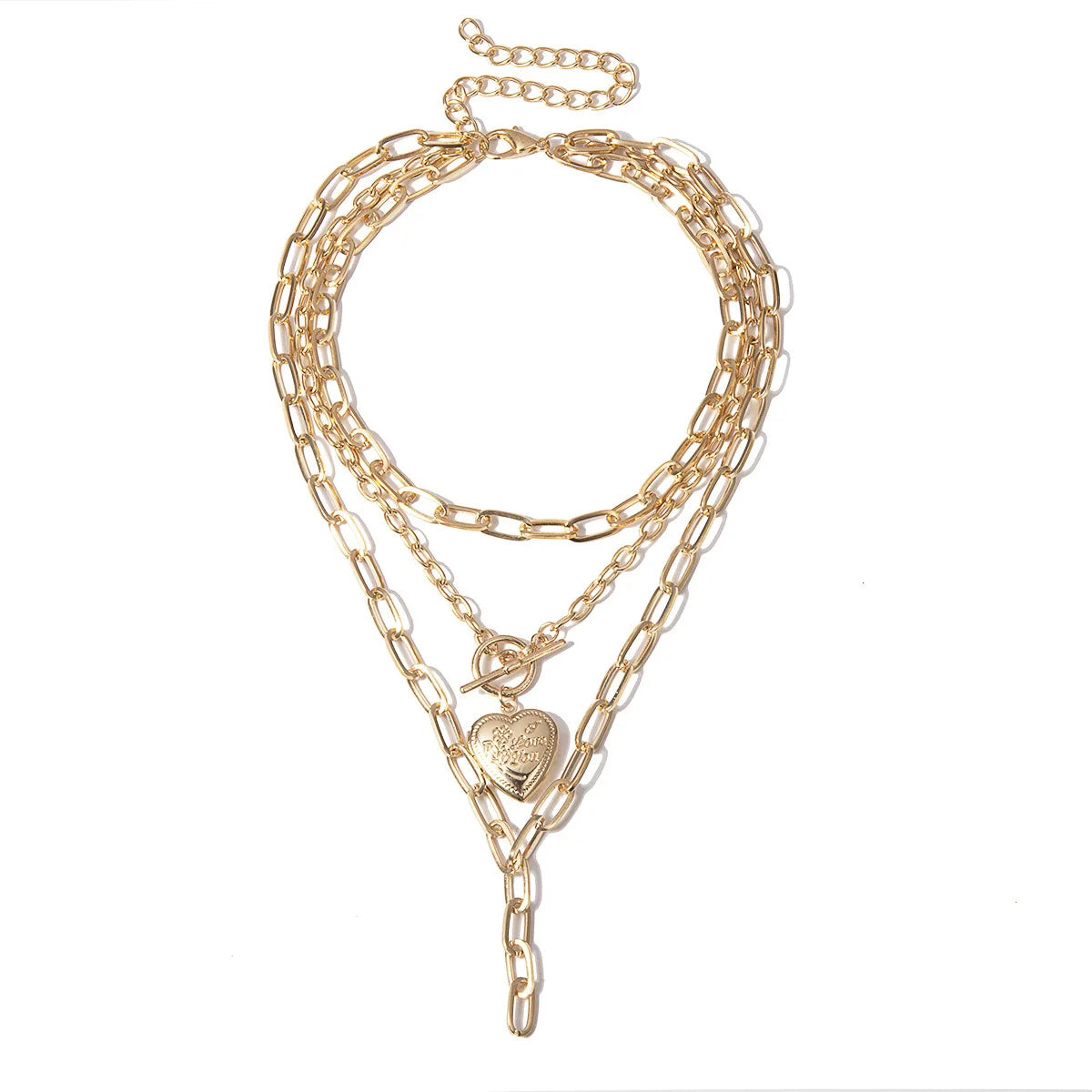 Creative Geometric Thick Chain Tassel Necklaces for Women Opening Sideway Heart OT Buckle Pendant 3 Layer Stylish for Party