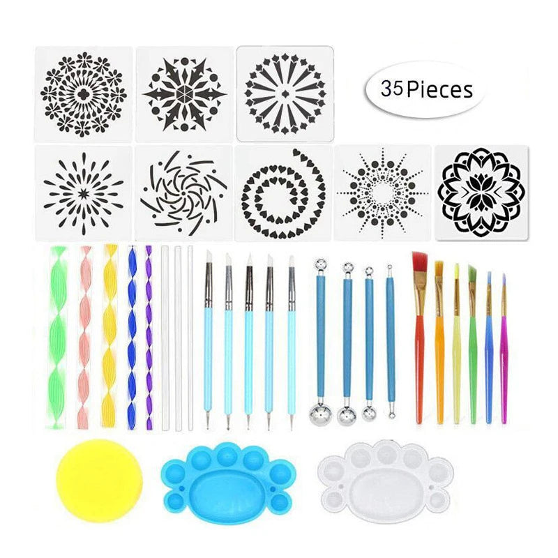 Epsilon 35pc Mandala Stencil Dotting Tool Painting Template Set Acrylic Rod Pottery Clay Craft Stamp Nail Art Tool