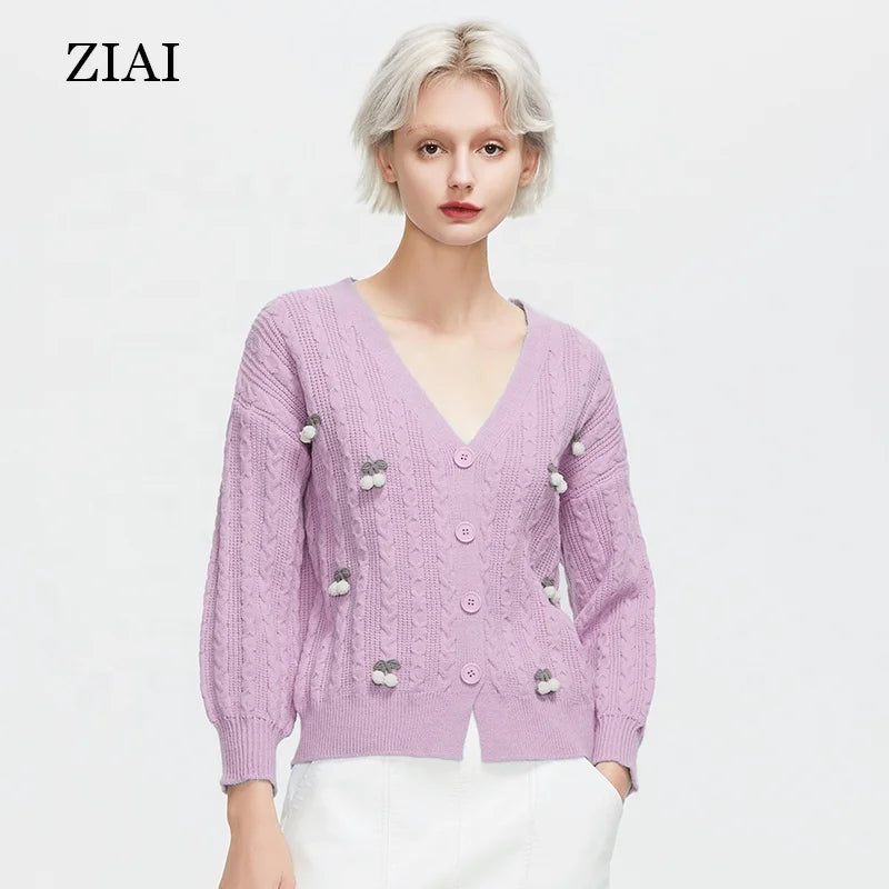 Wholesale Knitted Cardigan New Style Women Winter Custom Sweet Three-dimensional Cherry Loose Slim Long-sleeved Jacket