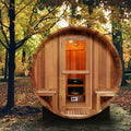 HELIUS Outdoor Canadian Red Cedar Barrel Sauna with Panoramic Glass Door 8ft Includes Sauna Stove (In Stock)