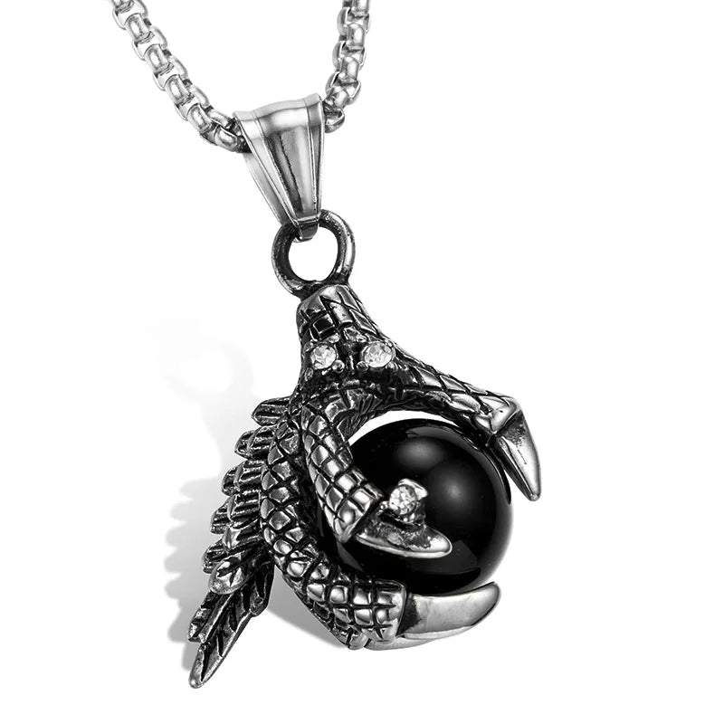 Mens Gothic Jewelry Black Red Blue Agate Dragon Claw Pendant with Play Gemstone Beads Design Necklace