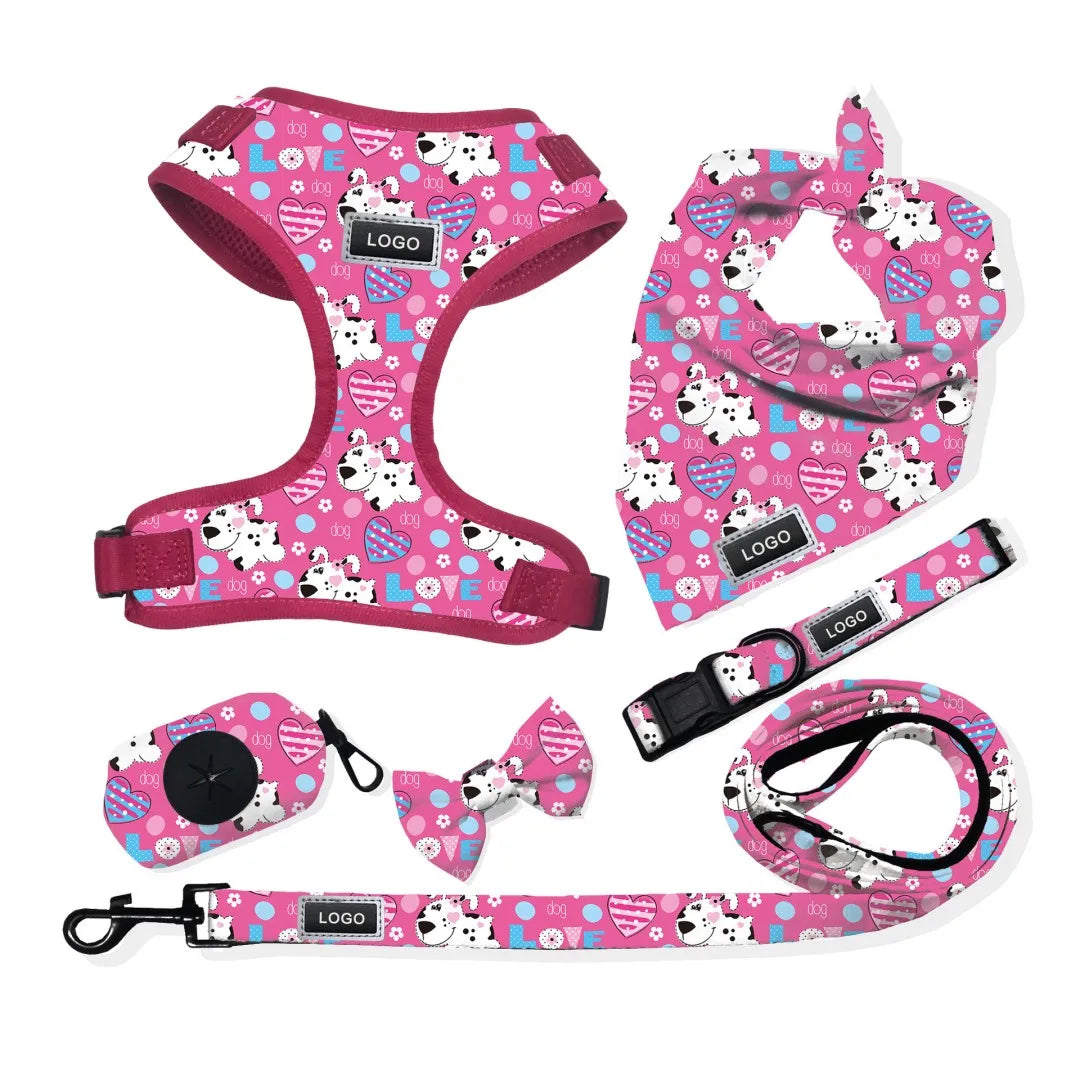 Custom Reflective Dog Harness Set Bandana Bow Collar with Leah Poop Bag Dispenser Wholesale Pet Collars for Dog Walking
