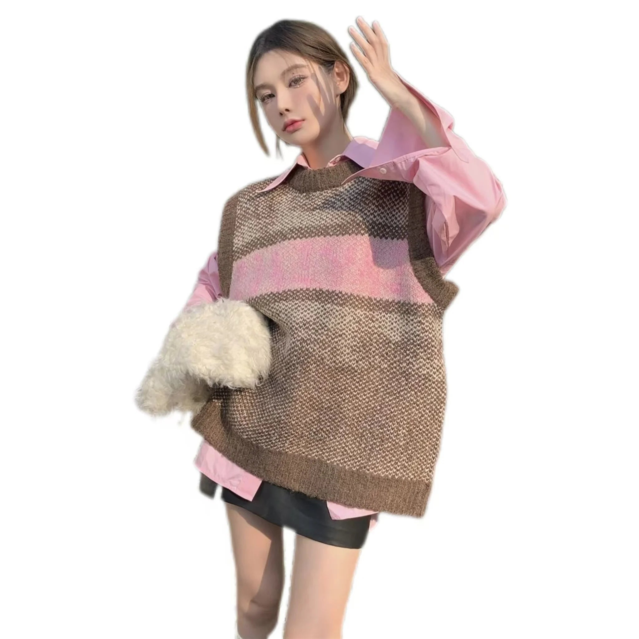 Spring and Autumn Casual Jacquard Knit Set Fashion Loose Knit Vest and Shirt Set Knitted Two-Pieces Set for Women