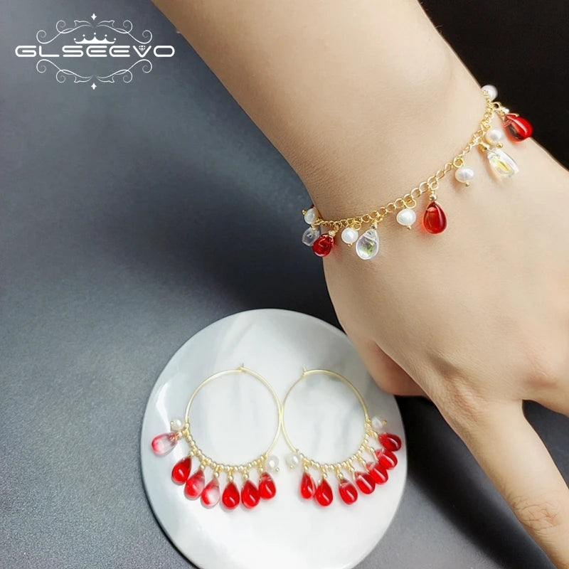 Fresh Water Pearl Natural Red Crystal Bracelets Adjustable for Women Wedding Gifts Boho Jewelry Perly