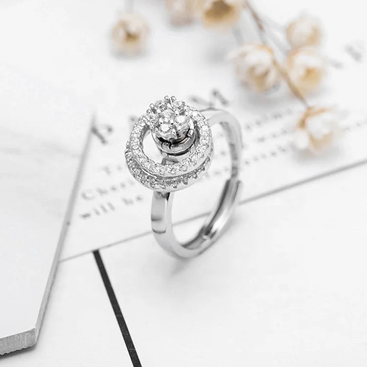 Pave Diamond CZ Rotatable Double Circles Women's Dancing Spinner Ring Flower Girly Anxiety Ring