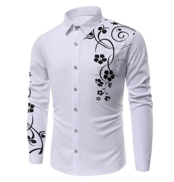 Large Men's Simple Floral Printed Business Slim Fit Men's Long Sleeved Shirt Fashionable Top