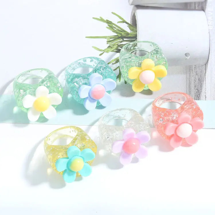 SC Hot Selling Jelly Color Resin Heart Rings Jewelry Women Exaggerated Party Chunky Rings Transparent Flower Heart Acrylic Rings