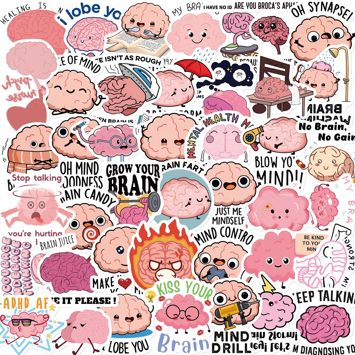 50pcs Colorful Cute Brain Waterproof PVC Graffiti Decorative Sticker Packs for Cup Bottle Notebook Luggage Laptop Skateboard