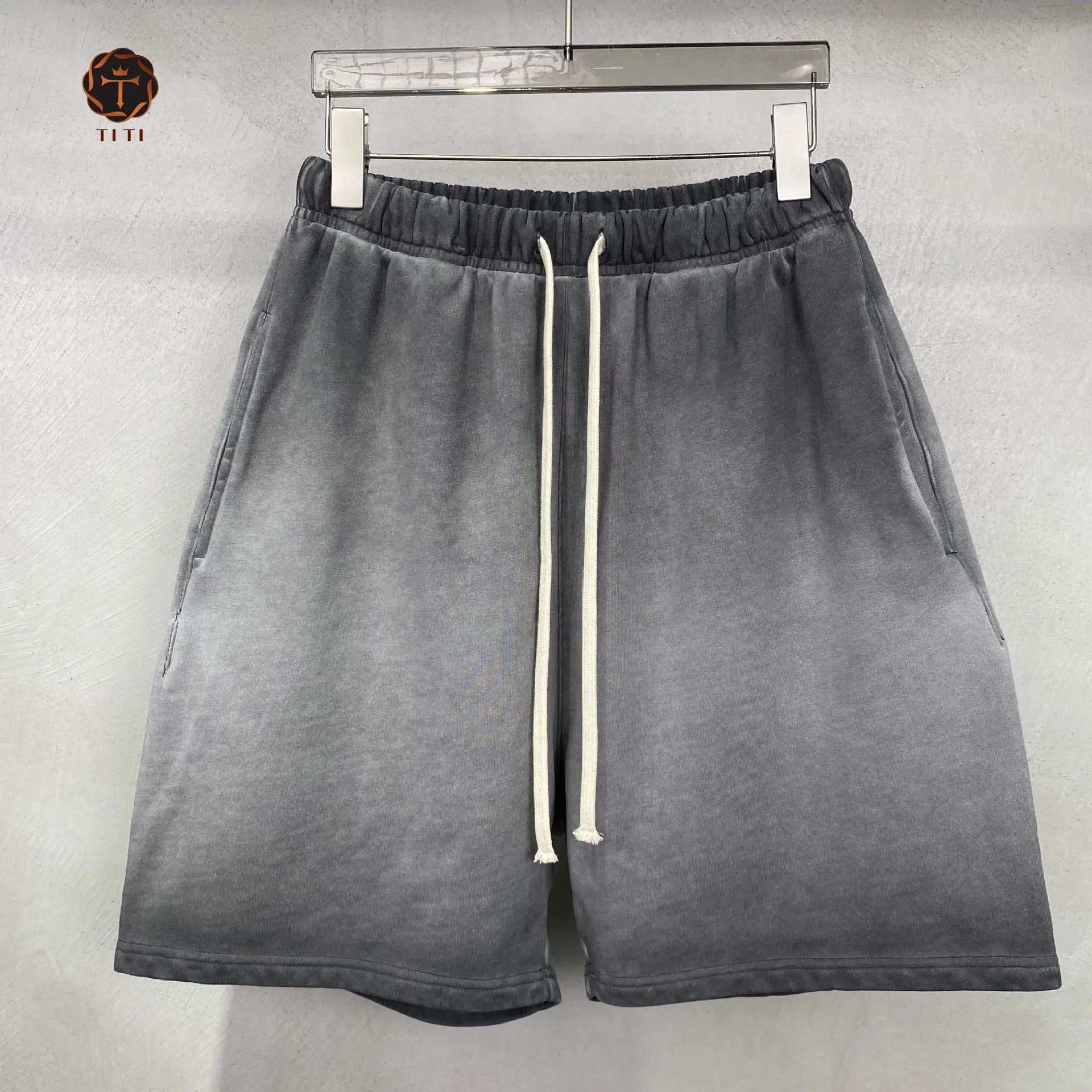 TITI OEM Women's Fashion Terry Drawstring Custom logo Blank Summer Joggers Acid Wash Men's Cotton Shorts