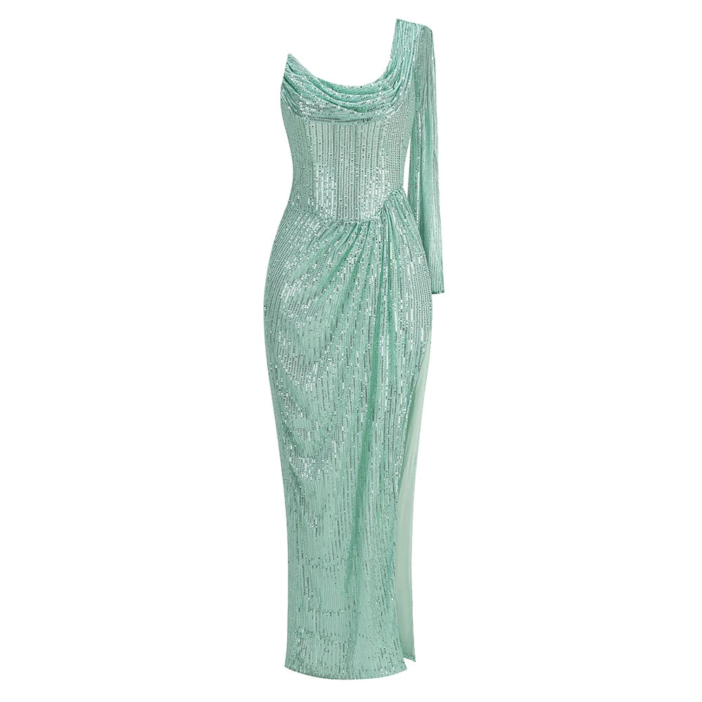 SB3308 New Arrivals Ladies Elegant Green Sequin Prom Maxi Dress Sleeveless Shiny Party Dress For Women