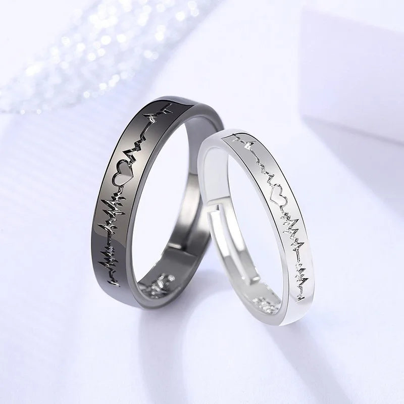 Hot Sale Wholesale Black and White Couple Love Ring Adjustable Heartbeat Ring for Women and Men