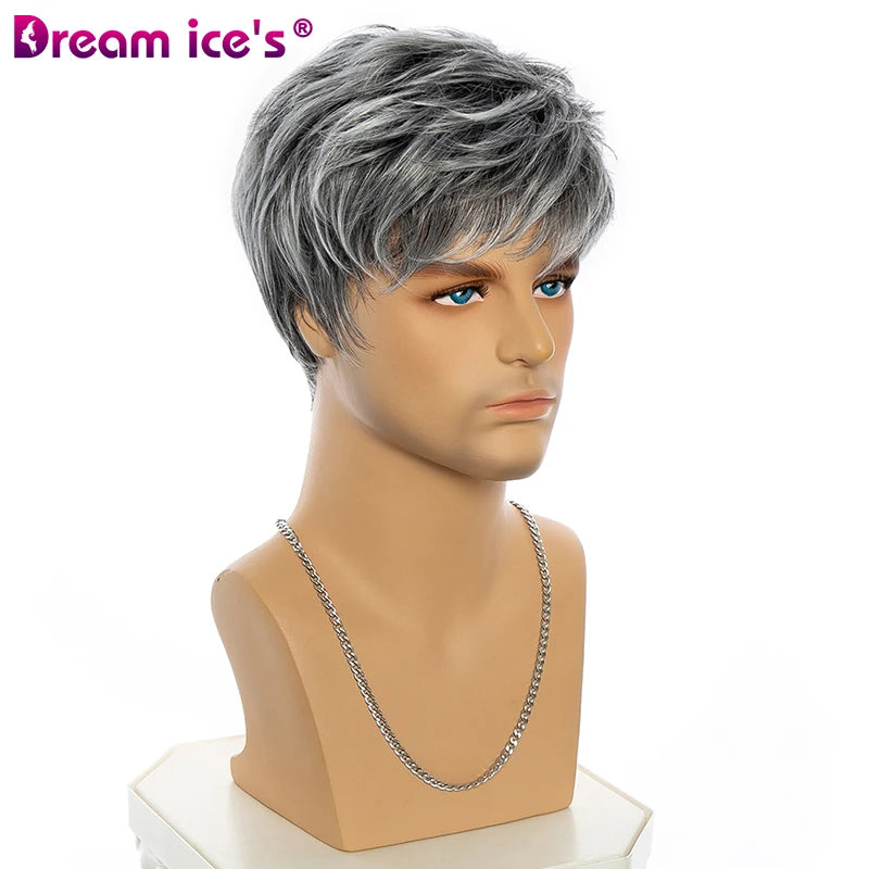 Large Stock Short Straight Full Synthetic Wig for Men High Temperature Fiber Male Hair Fleeciness Realistic Wigs Ombre Grey Hair