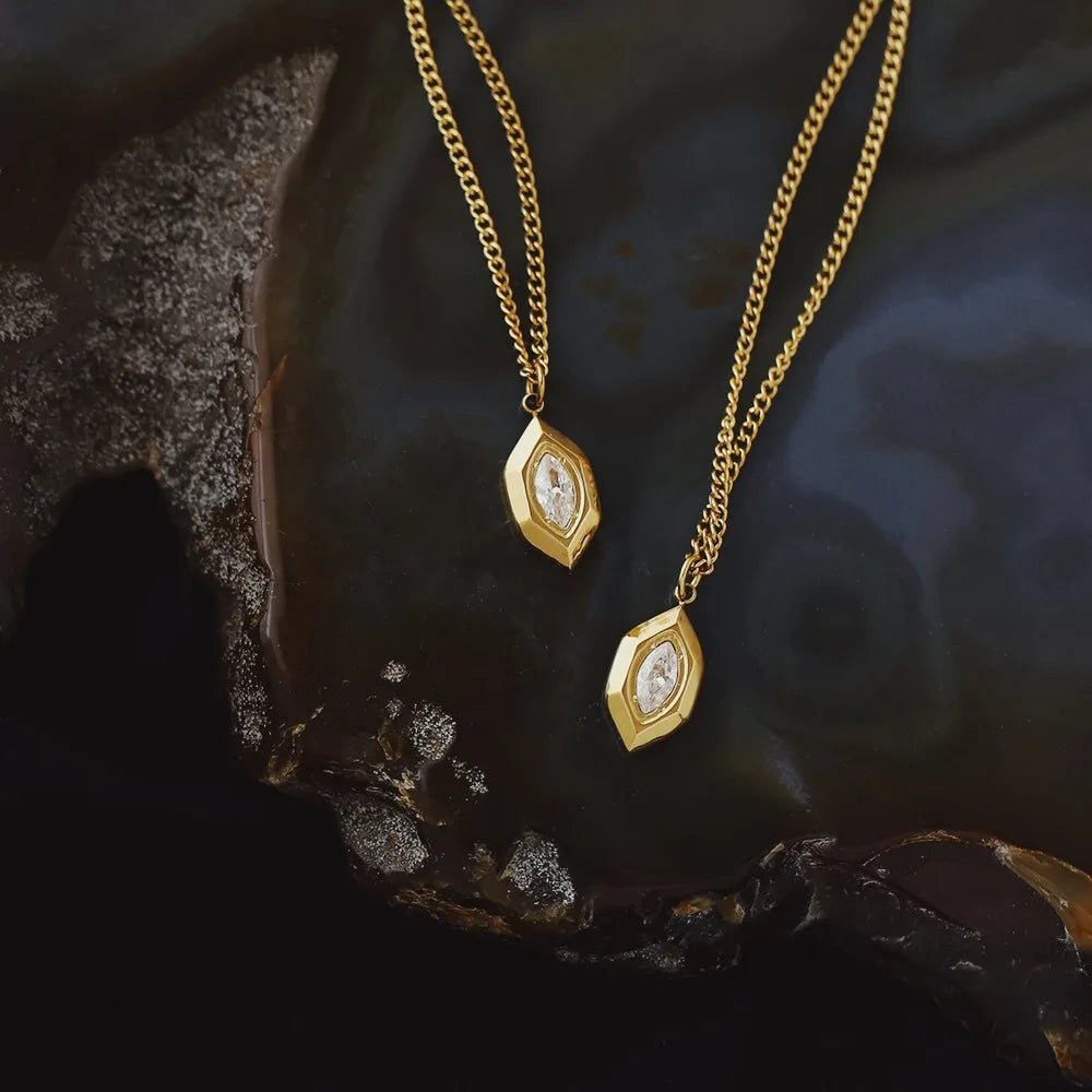 INS Simple Fashion NO Fade 18K Gold Plating Stainless Steel Olive White Diamond Zircon Geometric Pendant Necklace for Women G