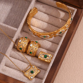 Malachite Crystal Rhinestone Pendant Necklace Gold Plated Stainless Steel Women Jewelry Set