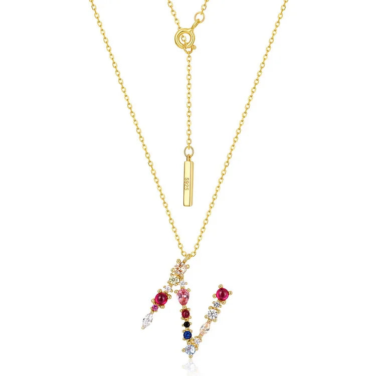 Elegant Rainbow English Alphabet Necklace S925 Sterling Silver Initial Letter Necklace with Colorful Zircon