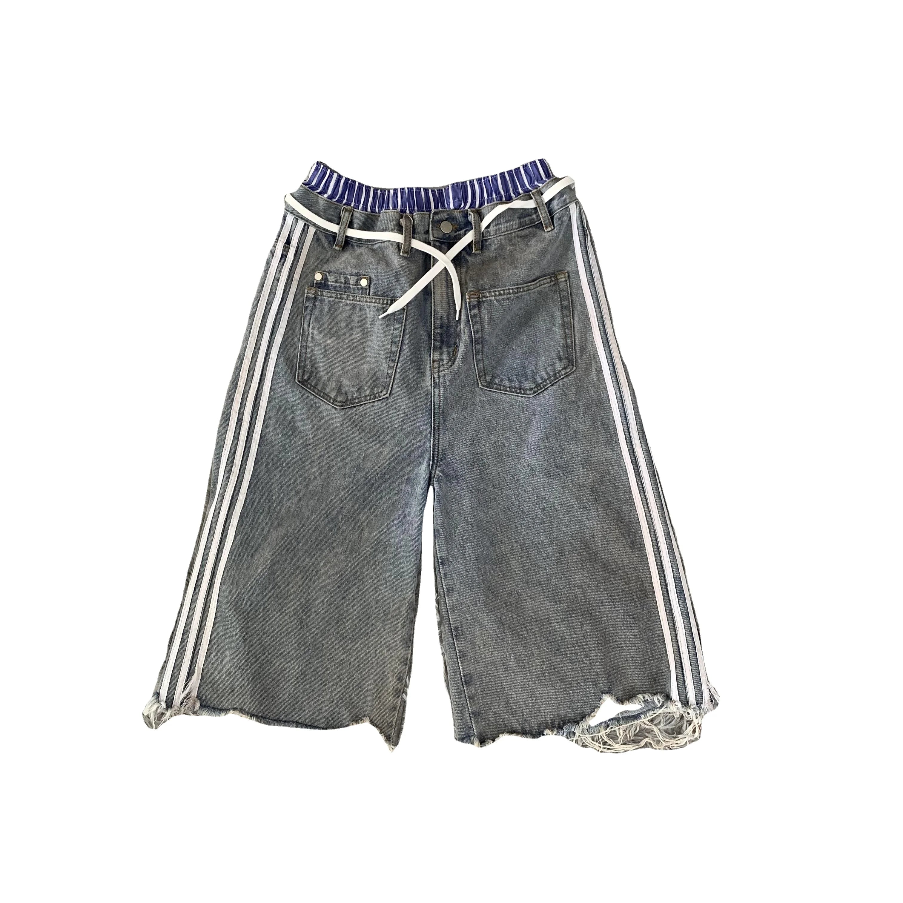DENIMGUYS Custom Patchwork Denim Short Pants Streetwear Summer Retro Loose Knee Length Distressed Jeans Shorts for Men