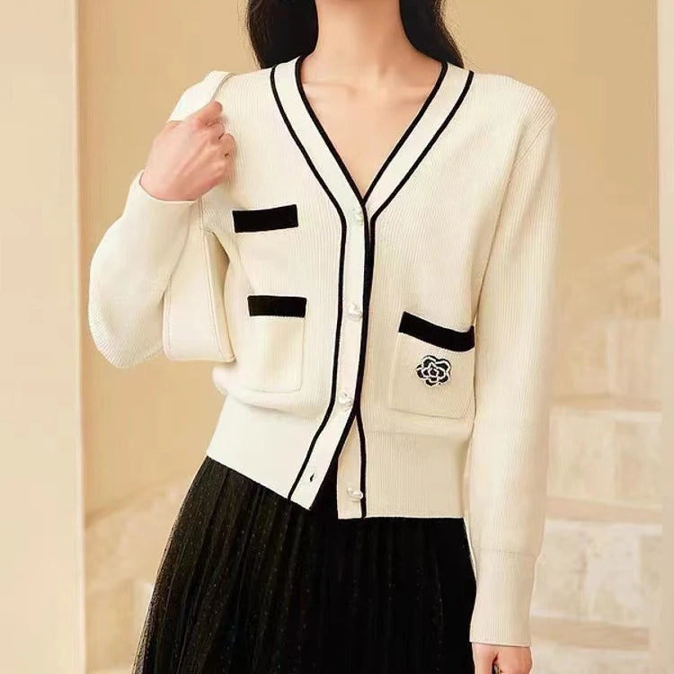 Factory Sell Autumn and Winter Color Block Sweater Black Striped Loose Elegant Cardigan Floral Beading Knitted Sweater for Women