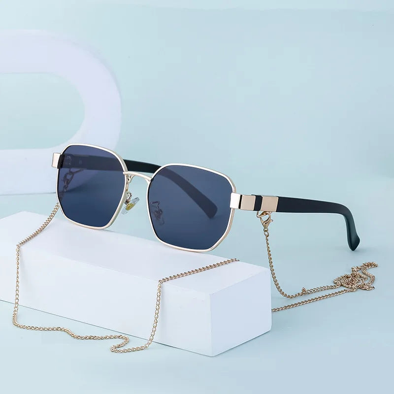 DOISYER Women's Designer Retro Square Sunglasses Luxury Vintage Style with Chain Hang by the Neck