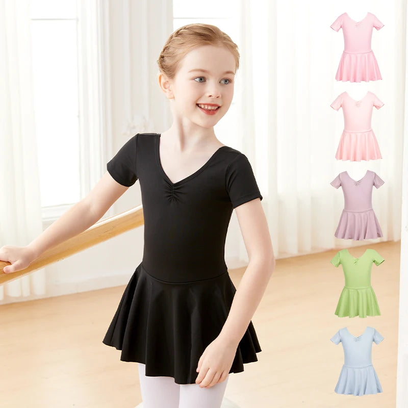 Girls Nylon Short Sleeve Ballet Dress Children Basic Dance Skirted Leotards