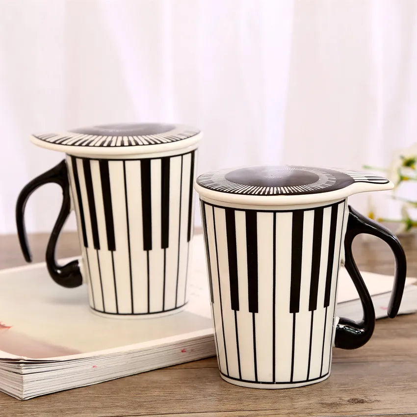 Creative Ceramic Music Notes Mark Water Lovers Keyboard Pair Cup Coffee Mug With Lid