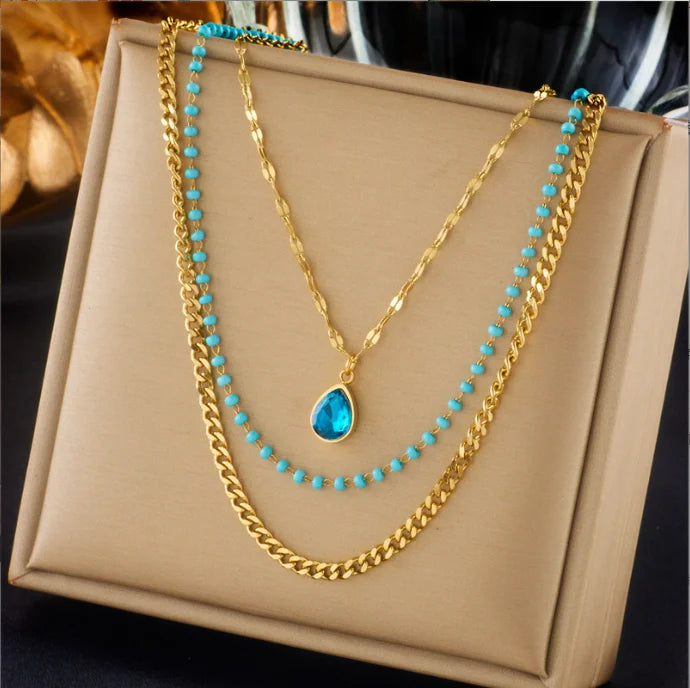 Fashion Stainless Steel Blue Water Drop Crystal Pendant Necklace for Women Girl New Trend 3in1 Chains Choker Jewelry Gift