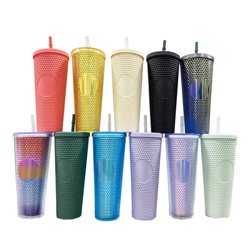 Studded Matte Plastic Water Cup Double Wall Tumbler Studded Tumbler Cups With Lid Straw