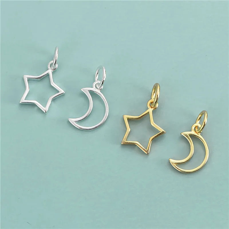 Vintage 925 Silver Smooth Star Moon Pendants Necklace Charms for Jewelry Making