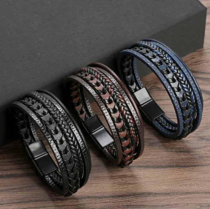 Custom Magnetic Buckle Personalized Men's Jewelry 19cm 21cm 23cm Multilayer Braided Wrap Leather Bracelet for Men