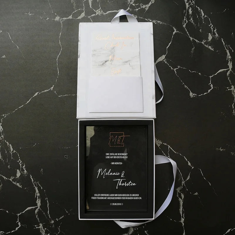 Luxury Custom Marble Printing White Black Hardcover Pocket Box Clear Acrylic Invitation for Wedding Business Souvenir Gift