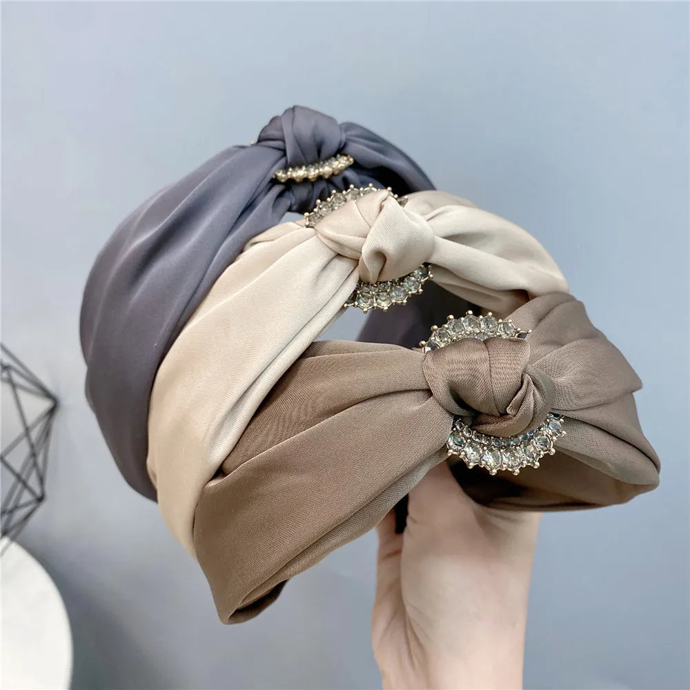 Korean New Simple Rhinestone Knot Satin Silk Headbands Female Temperament Hairbands