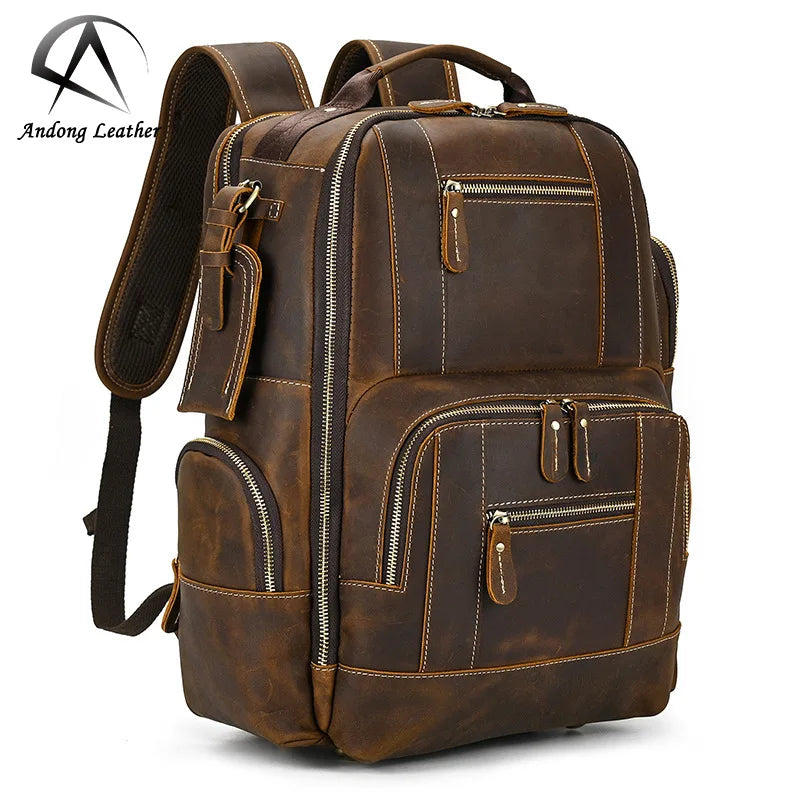 Andong Retro Men Backpack Crazy Horse Leather Large Backpacks Genuine Cow Leather