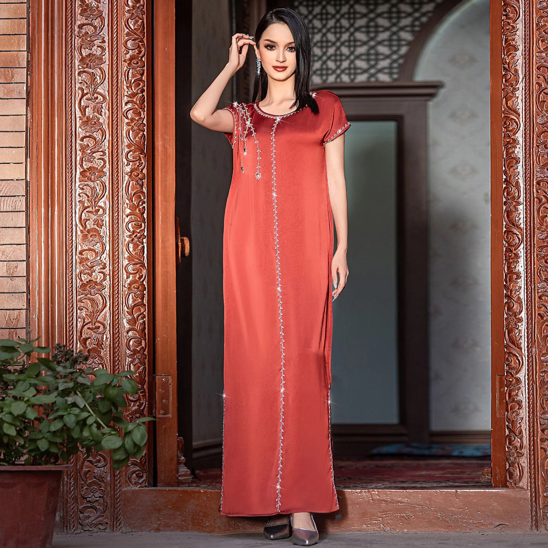 Dubai Middle East Luxury Summer Abaya Loose Robe with Rhinestone Dubai Turkey Maxi Islamic Women