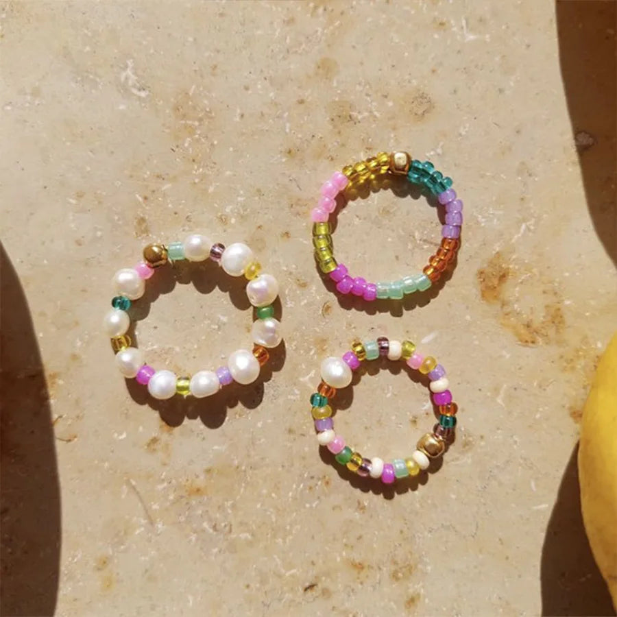 New Arrival Candy Rainbow Beaded Seed Beads Elastic Ring Jewelry Fashion Personality Pearl Ring for Girls
