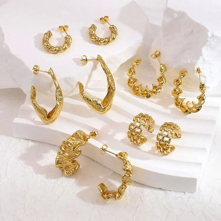 Stainless Steel Pleated Wave Earring Design With Titanium Steel 18k Gold Hoop Huggies Earrings for Women Stainless Steel Joyas