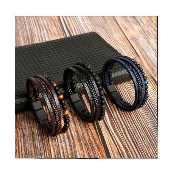 Multilayer Braided Leather Wrap Bracelets Lava Tiger Eye Natural Stone Beaded Bracelet Magnetic Clasp Leather Bracelet for Men