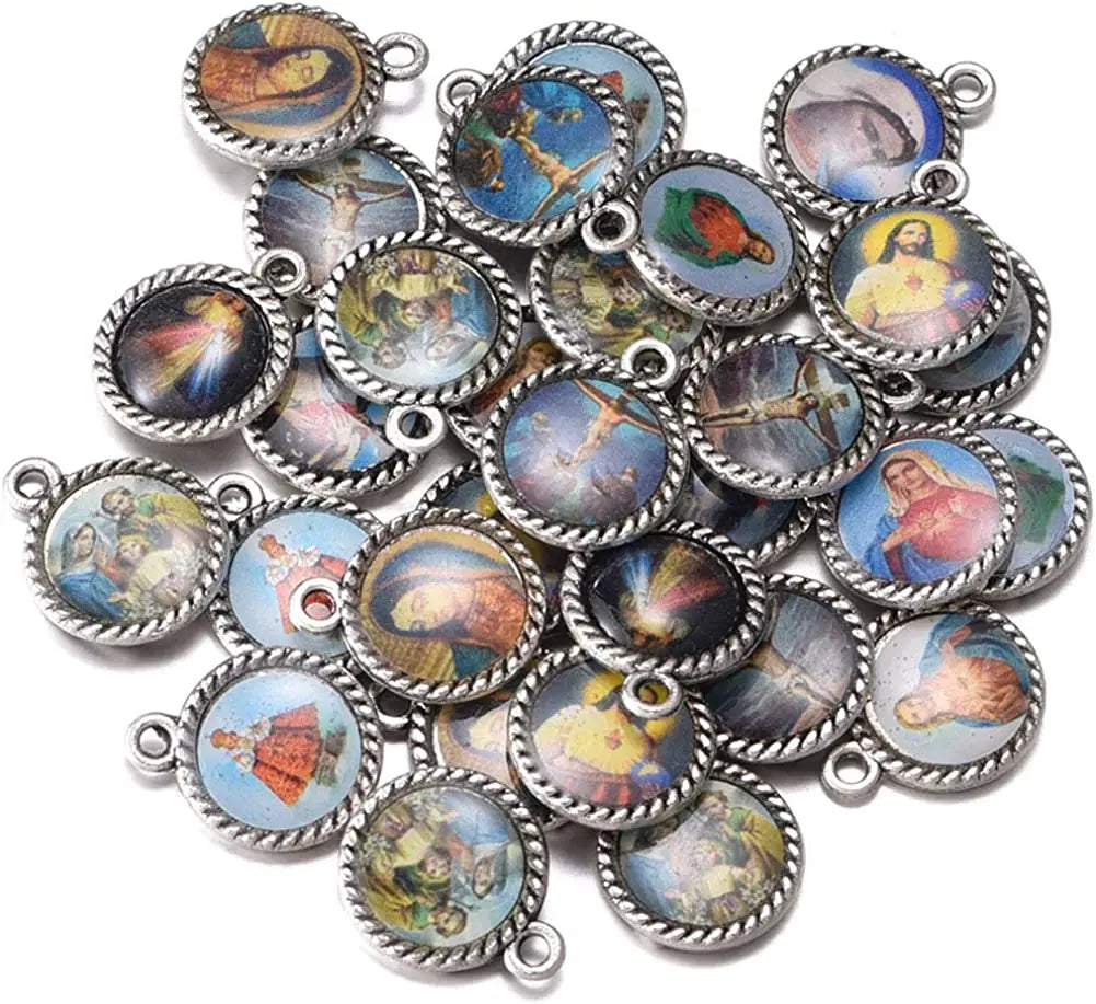100pcs Mix Picture Round Enamel Our Lady Medal Floral Rosary Centerpiece Jesus Virgin Mary Catholic Alloy 16mmx13mm